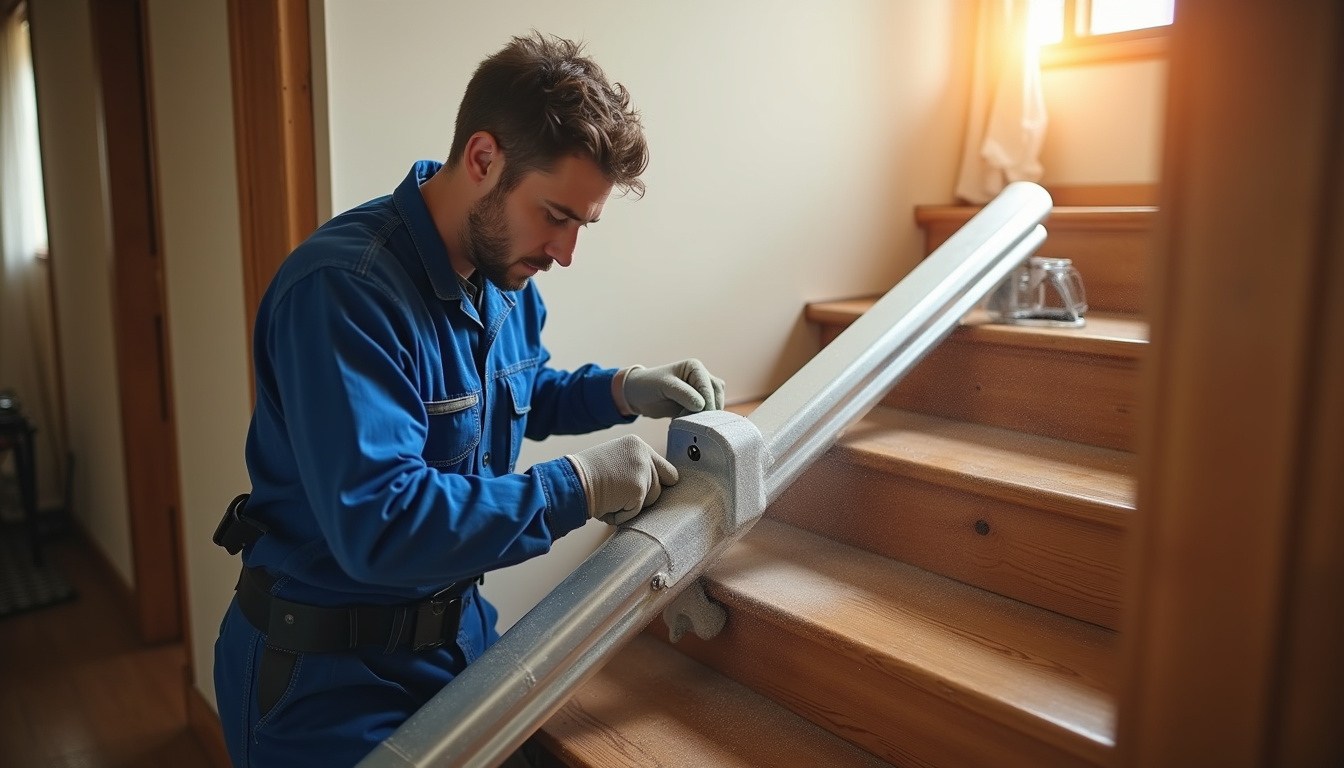 Installation d’un monte-escalier par un technicien dans une maison à Sainte-Geneviève-des-Bois