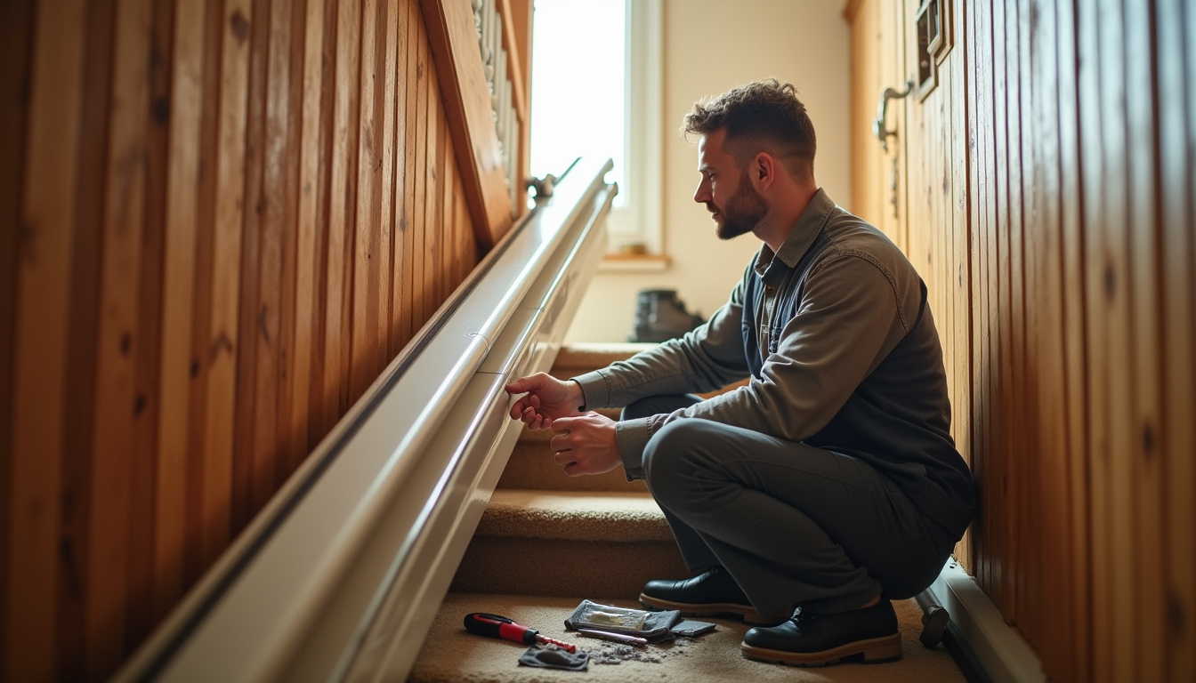 Installation d’un monte-escalier par un technicien professionnel dans une maison à Chanonat