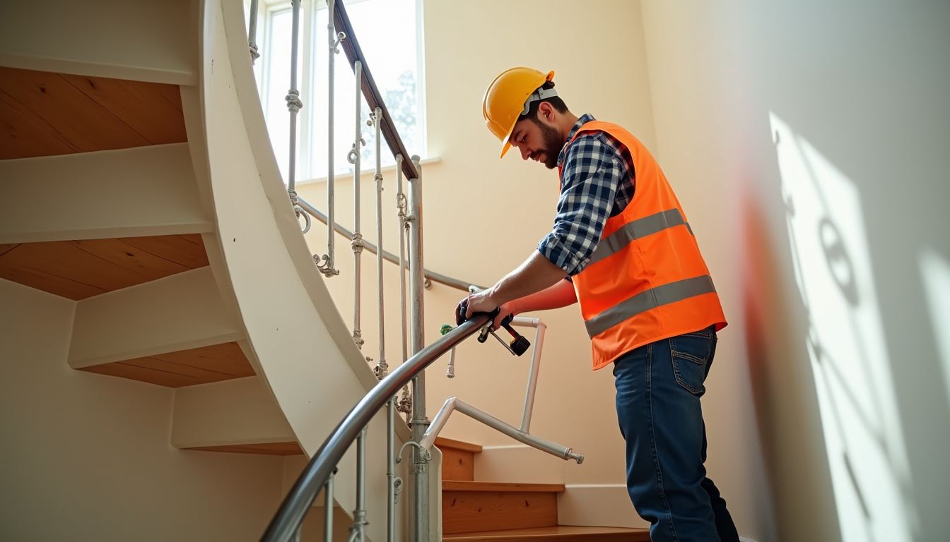 Installation d’un monte-escalier tournant dans un escalier en colimaçon, avec technicien en train de fixer le rail