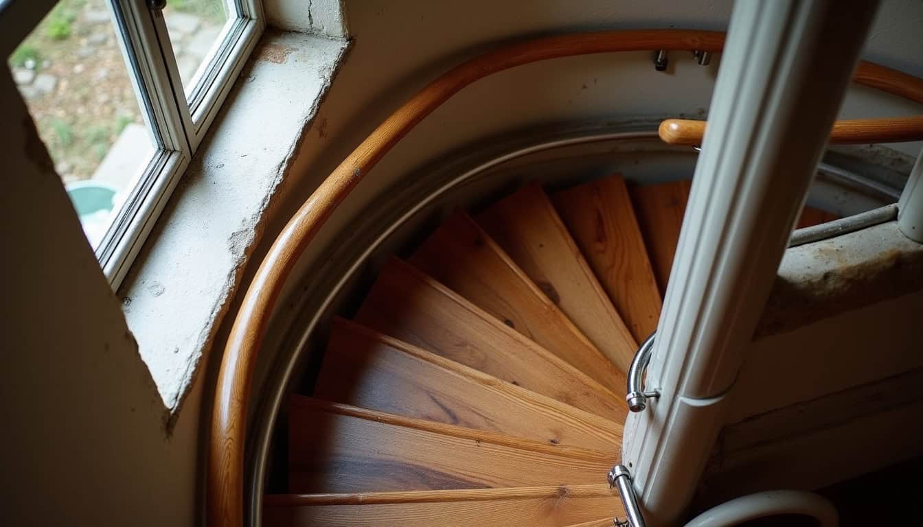 Installation d’un monte-escalier tournant sur un escalier en colimaçon dans une maison ancienne à Montréal-la-Cluse