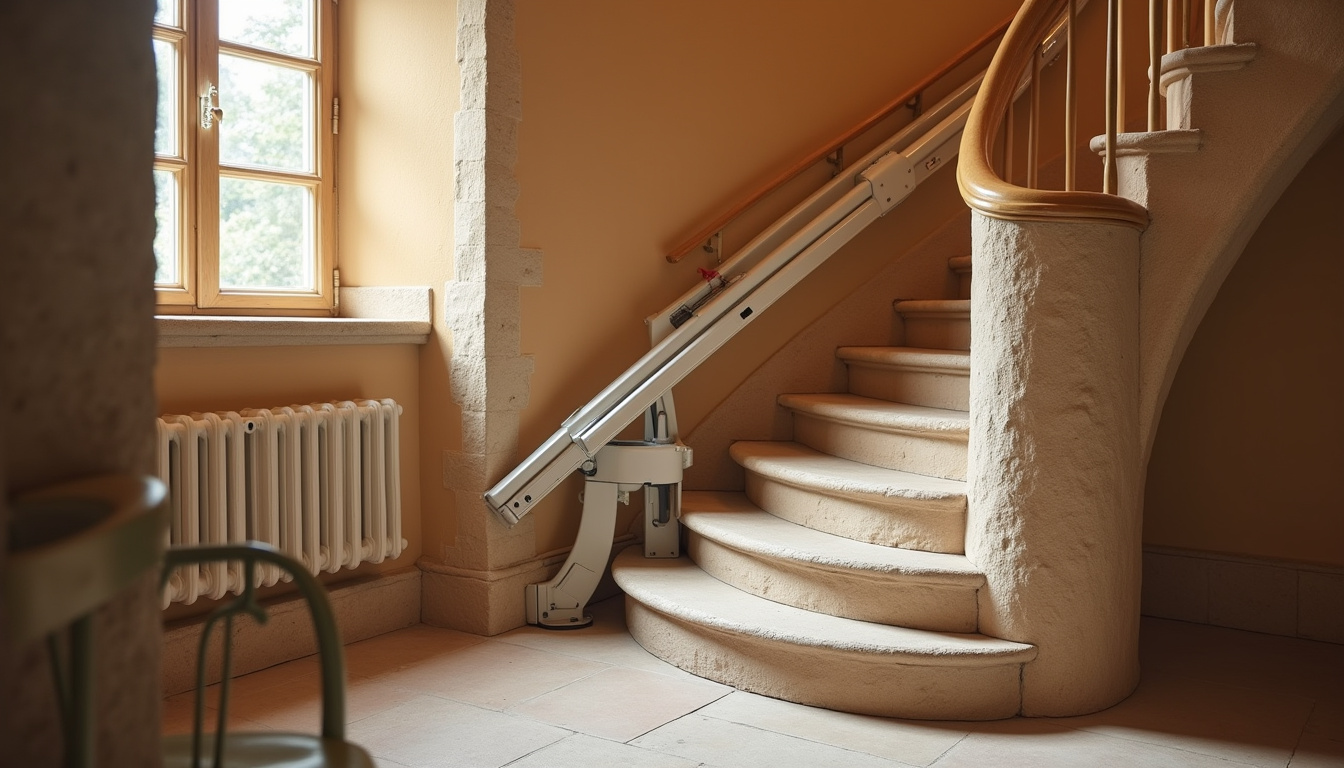 Installation d’un monte-escalier tournant sur un escalier en colimaçon dans une maison en Loire