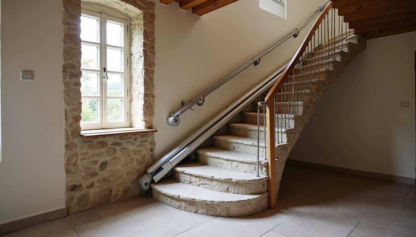 Installation d’un monte-escalier tournant sur un escalier en colimaçon dans une maison traditionnelle du Finistère