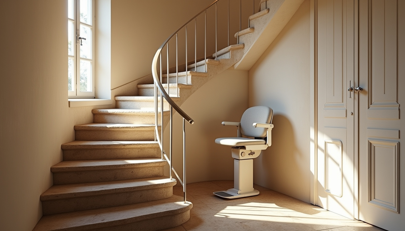 Installation d’un monte-escalier tournant sur un escalier en colimaçon dans une maison traditionnelle