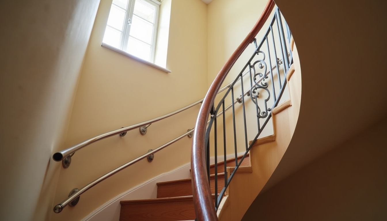 Installation d’un rail de monte-escalier tournant à Montebourg, vue de l’intérieur d’un escalier en colimaçon
