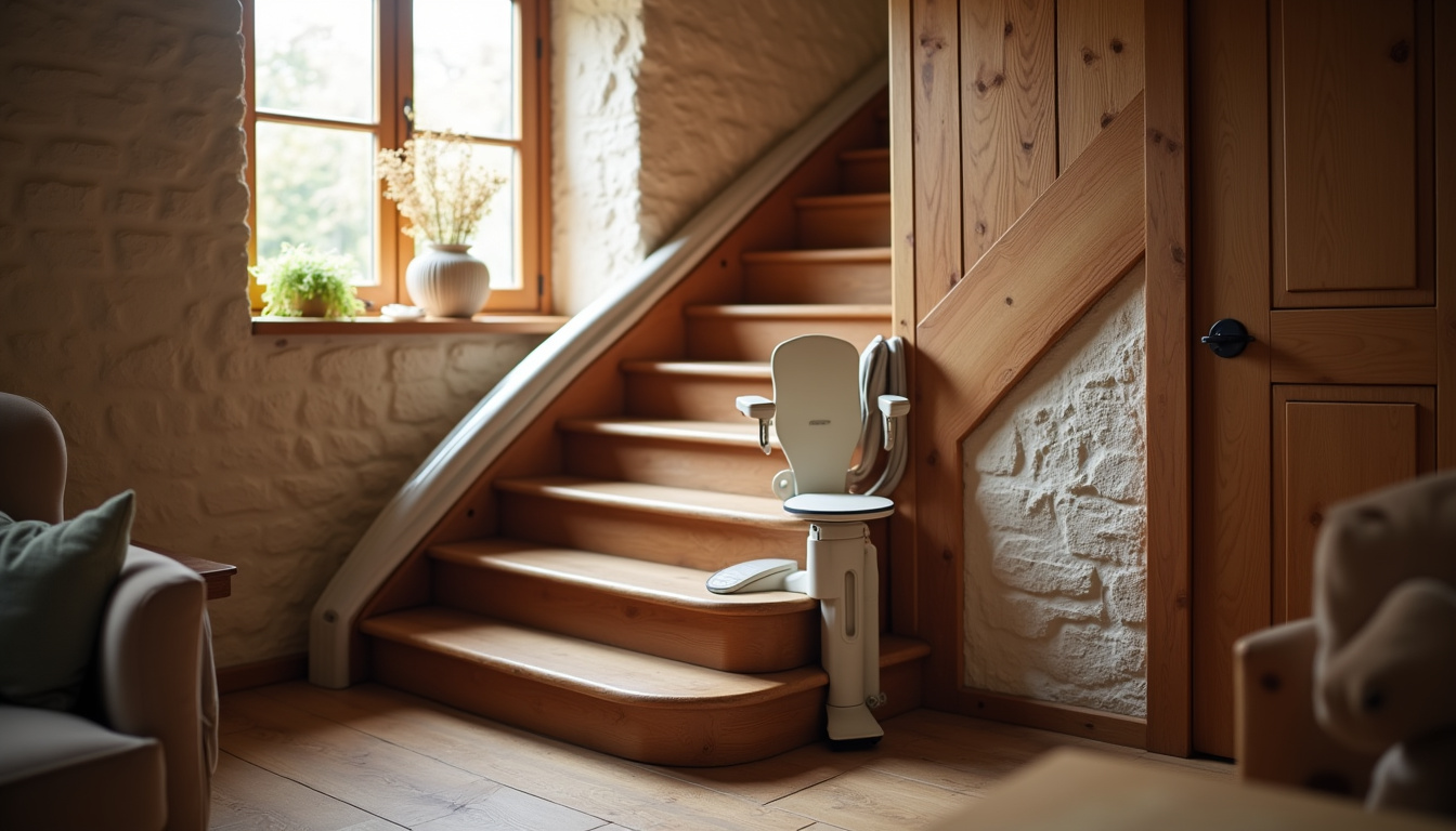 Intérieur d’une maison à Cléder avec un monte-escalier tournant installé le long d’un escalier en bois ancien