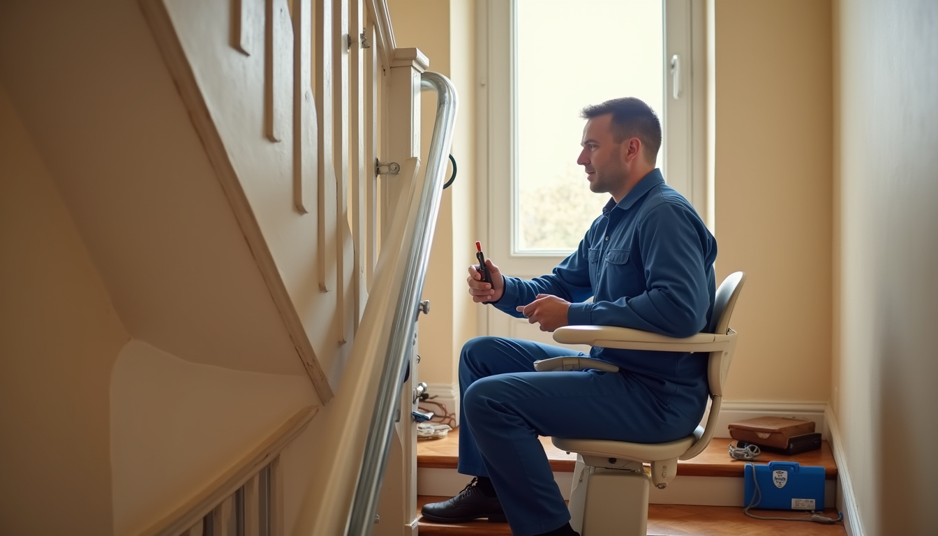Maintenance d’un monte-escalier par un technicien à Beaugency