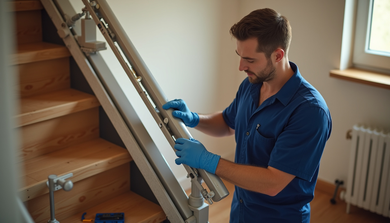 Maintenance d’un monte-escalier par un technicien à Saint-Branchs