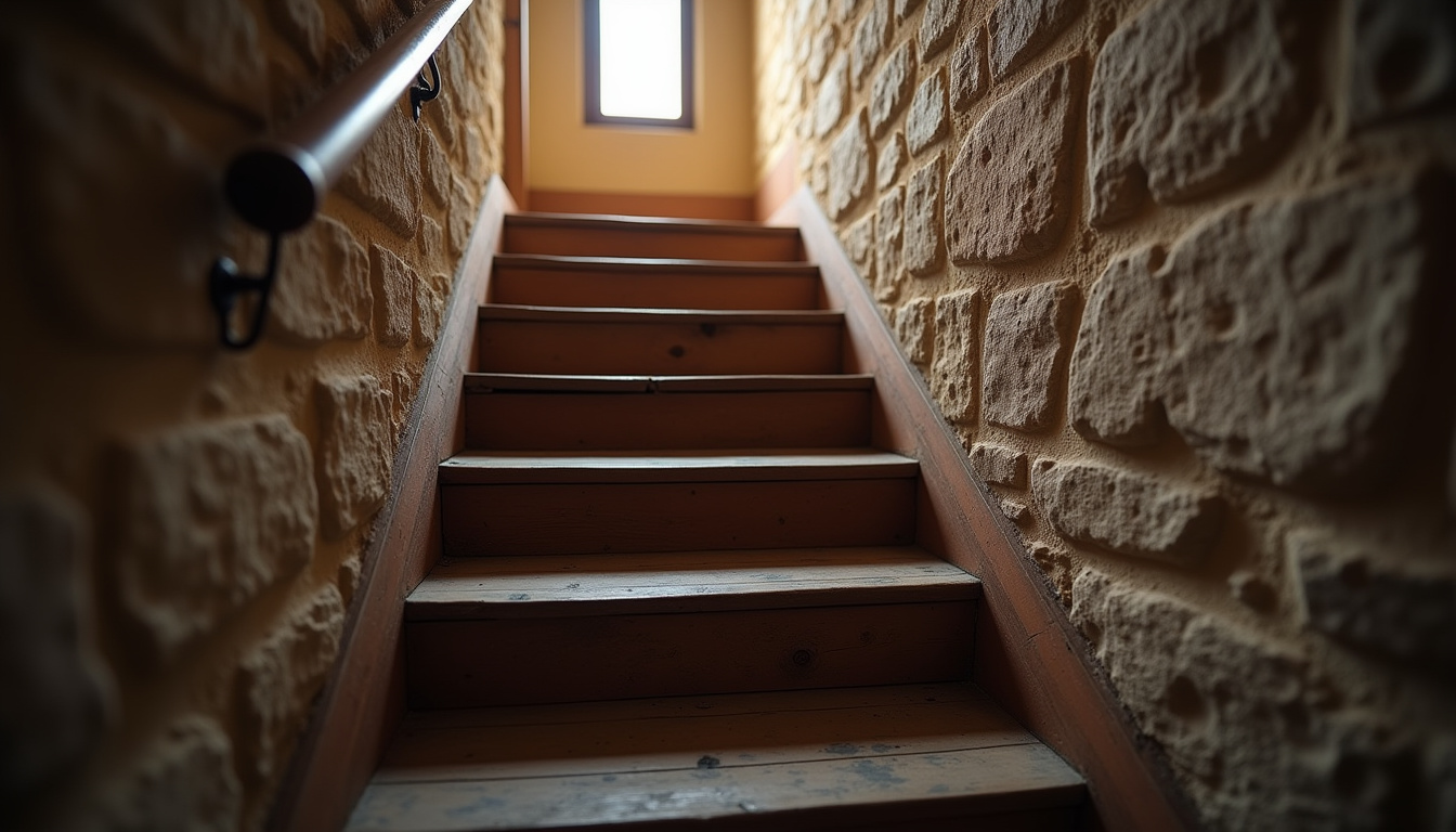 Maison ancienne à Montebourg avec escalier intérieur, illustrant un environnement courant pour l