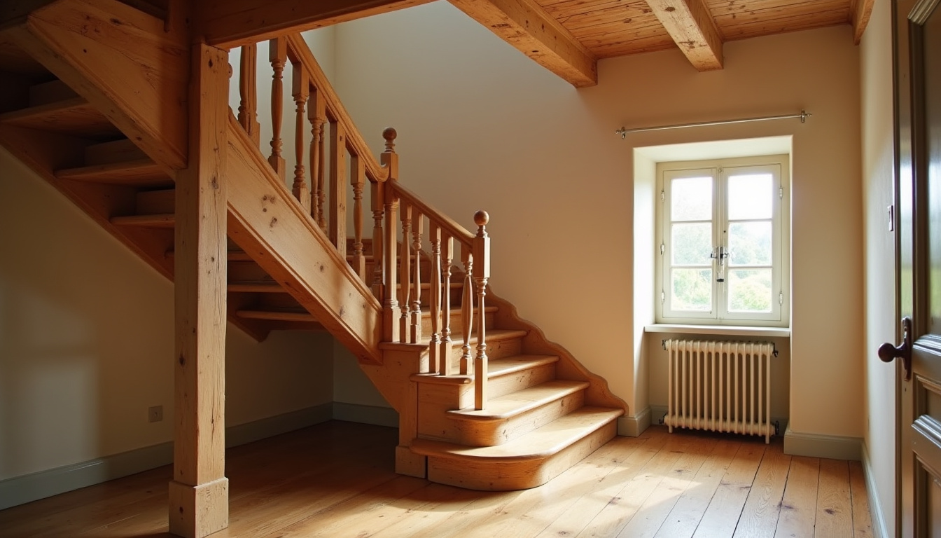 Maison normande typique de Vexin-sur-Epte avec escalier intérieur en bois apparent