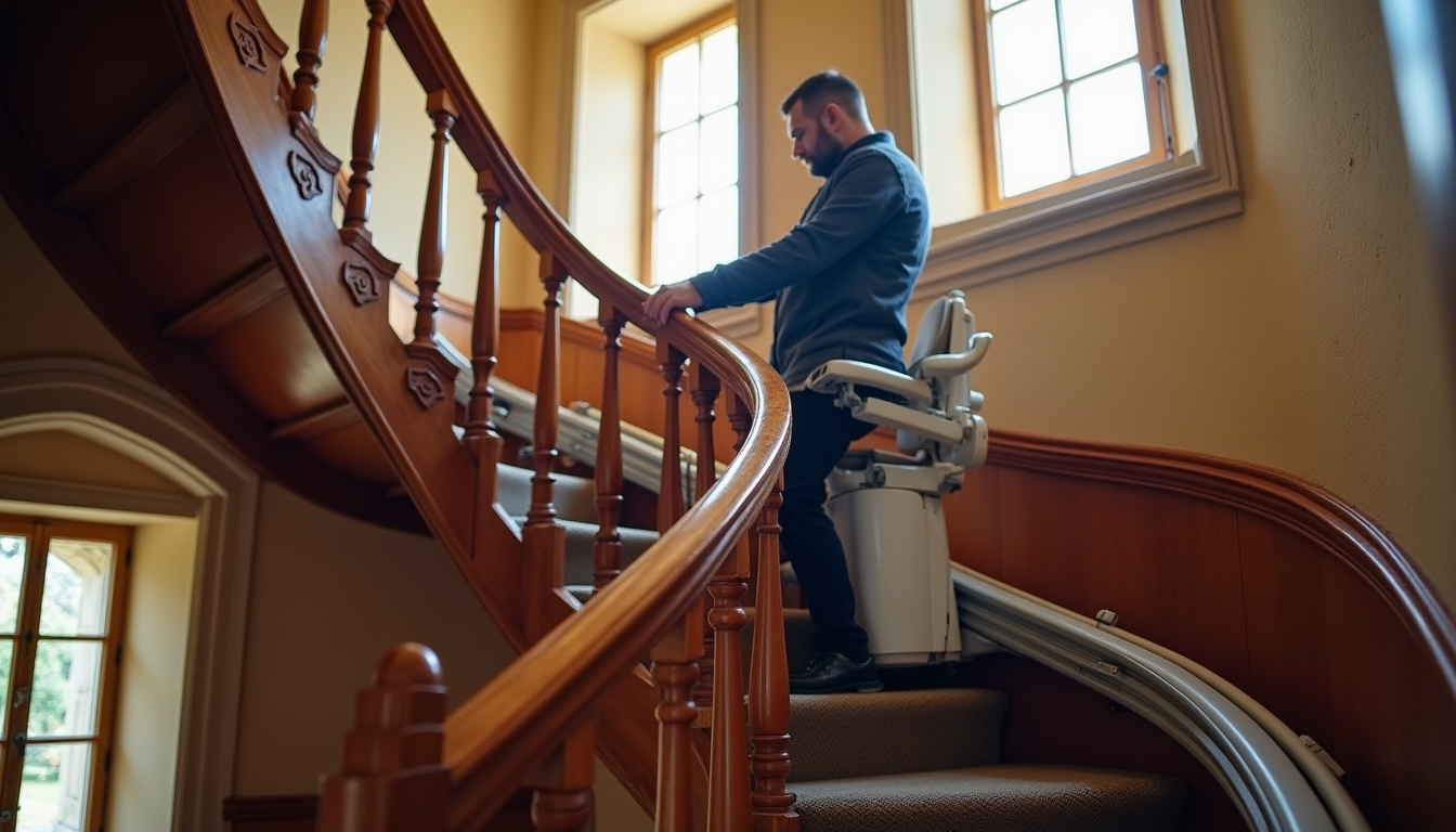 Montage d’un monte-escalier courbe dans une maison ancienne de Gavray-sur-Sienne