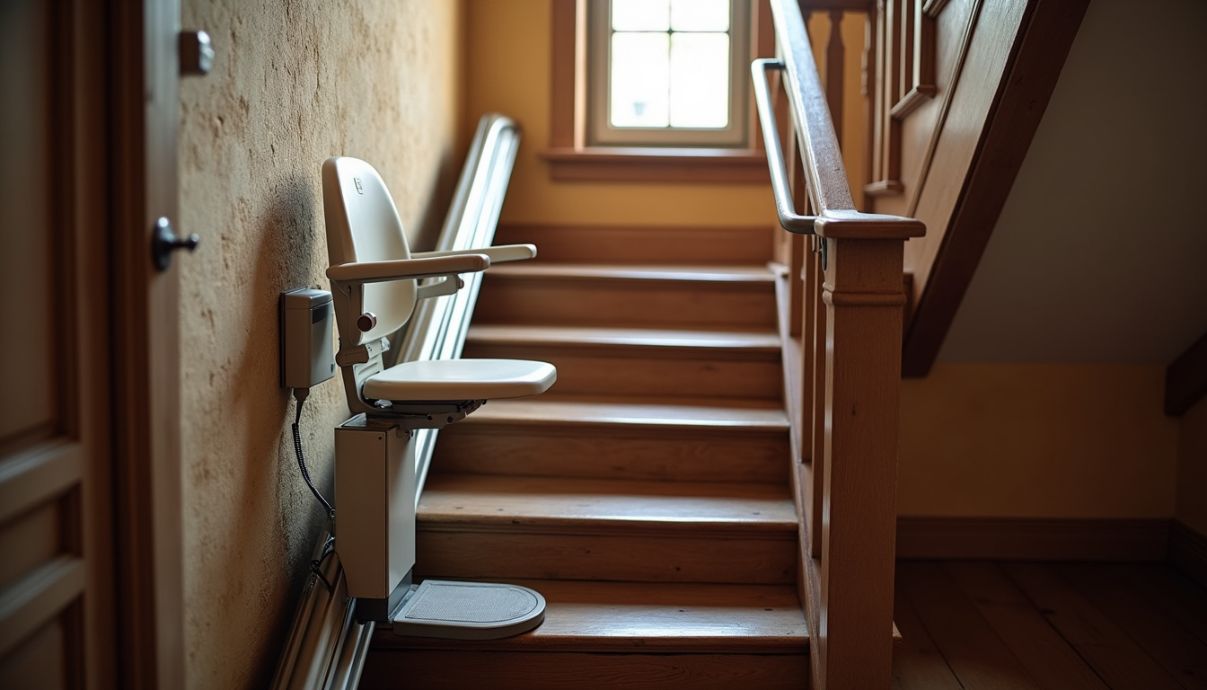 Monte-escalier à siège droit installé dans une maison ancienne à Técou, position dépliée et prête à l