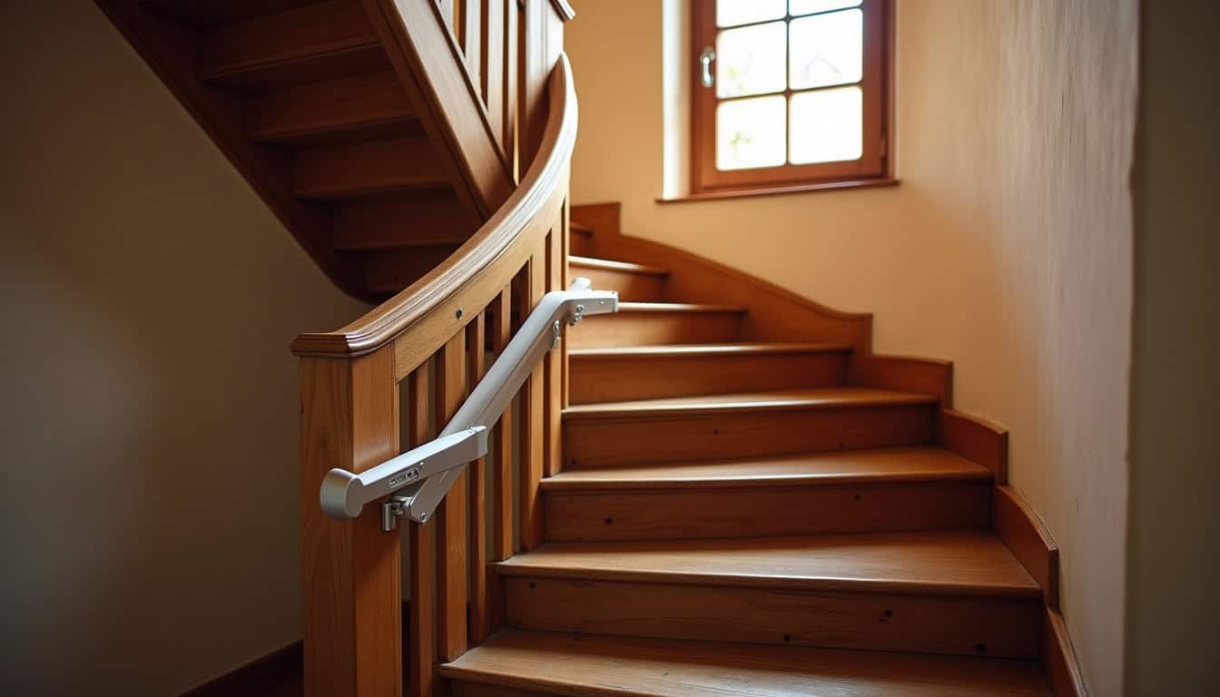 Monte-escalier courbe installé dans une maison ancienne à Sablé-sur-Sarthe avec escalier tournant en bois
