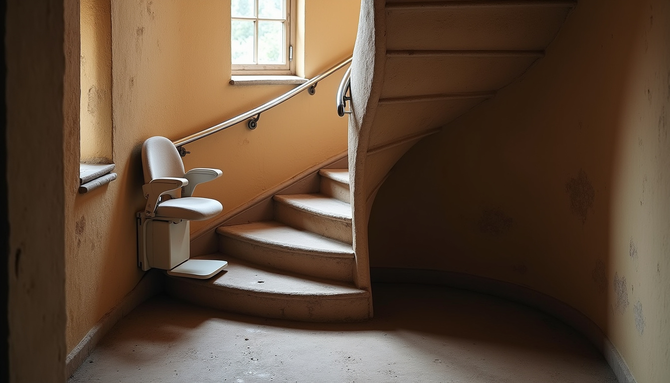Monte-escalier courbe installé sur un escalier en colimaçon dans une maison ancienne