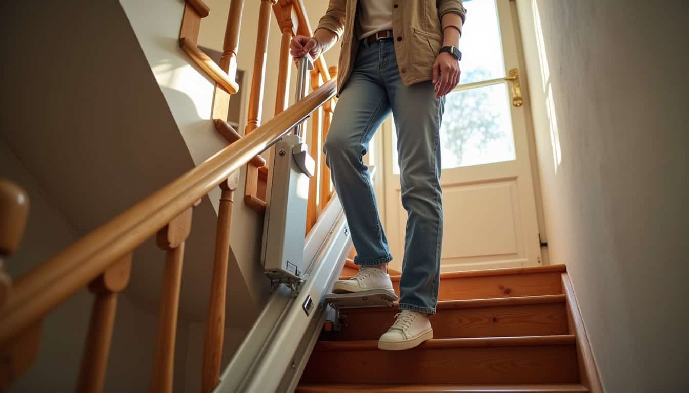 Monte-escalier debout installé dans une maison à Fontaine-le-Port, permettant de gagner de l
