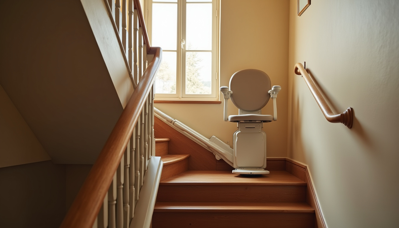 Monte-escalier droit avec siège standard sur un escalier intérieur de maison ancienne