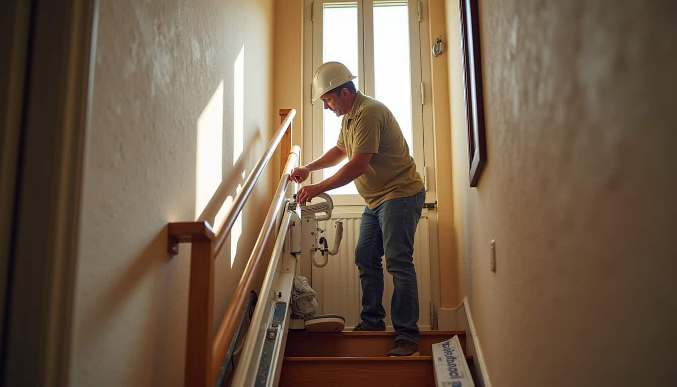 Monte-escalier droit en cours d'installation dans une maison à Saint-Dionisy