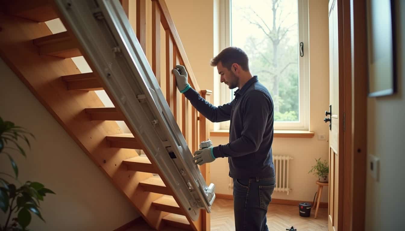 Monte-escalier droit en cours d’installation dans une maison de Nordausques