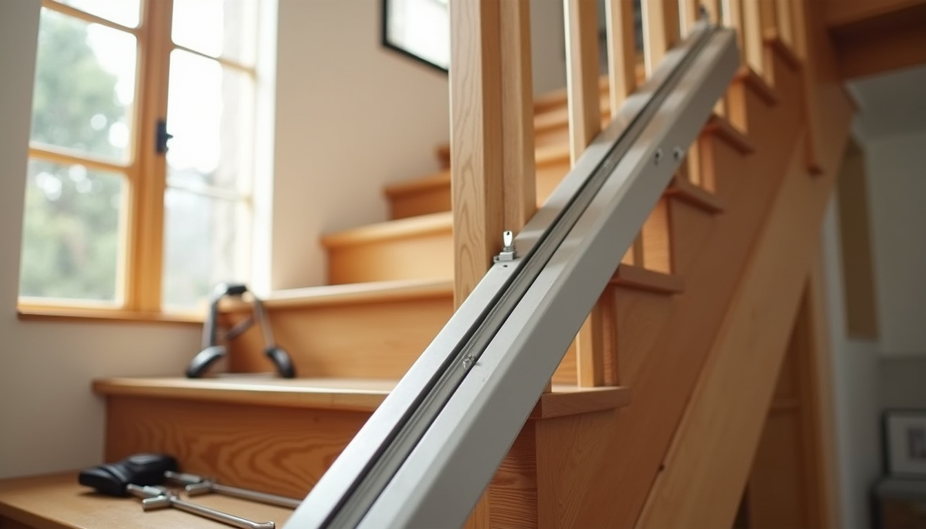 Monte-escalier droit en cours d’installation sur un escalier en bois intérieur