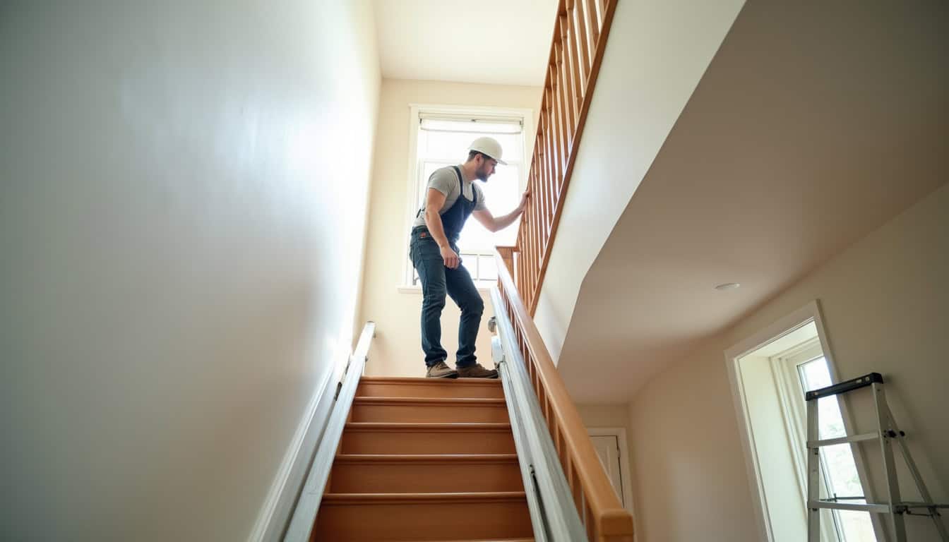 Monte-escalier droit en cours d'installation sur un escalier rectiligne