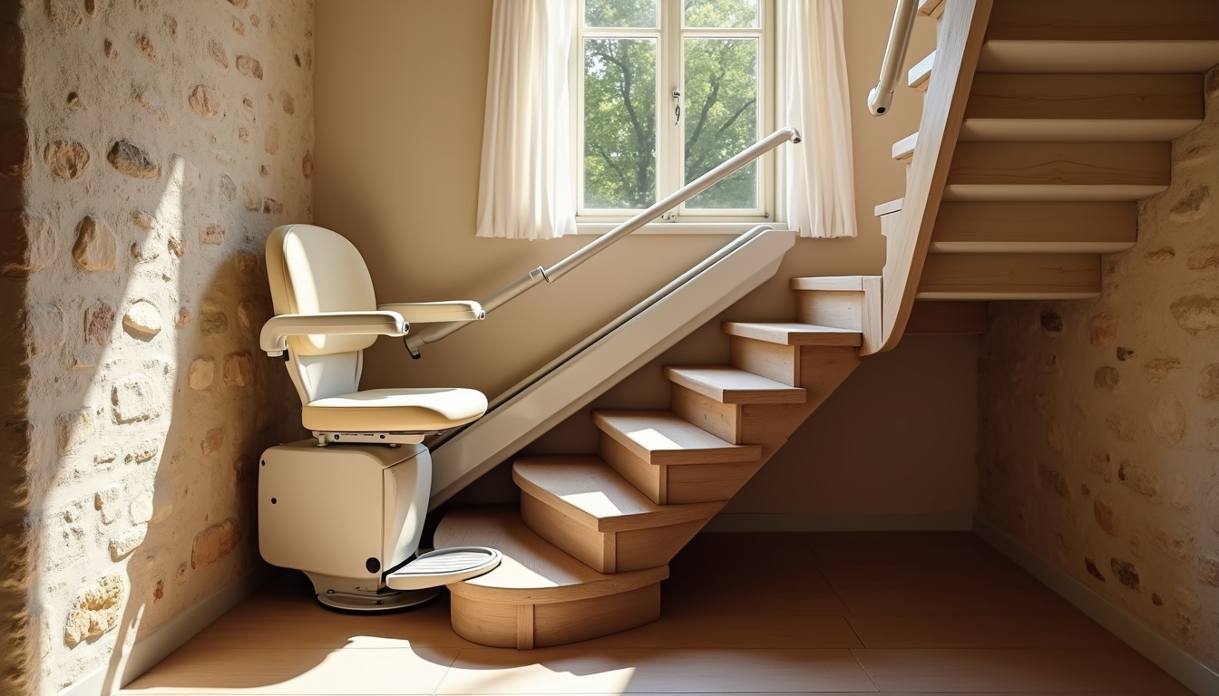 Monte-escalier droit installé à l’intérieur d’un escalier en colimaçon dans une maison de Ponteilla