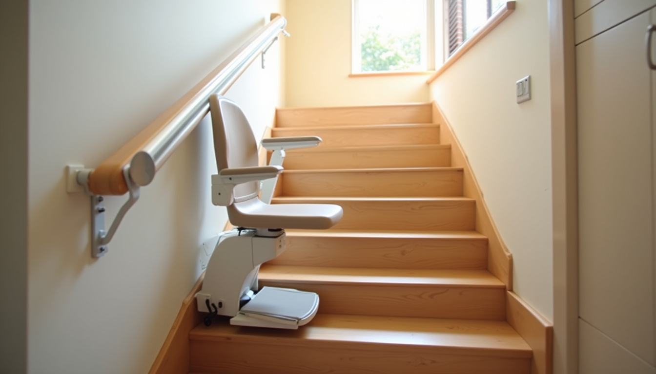 Monte-escalier droit installé dans un escalier intérieur avec rail sur les marches