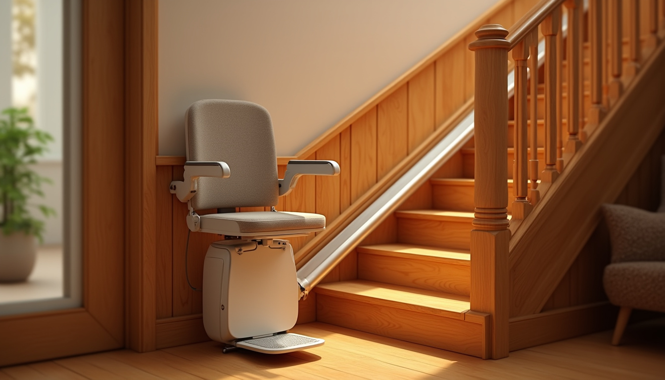 Monte-escalier droit installé dans un escalier intérieur avec revêtement bois et éclairage doux