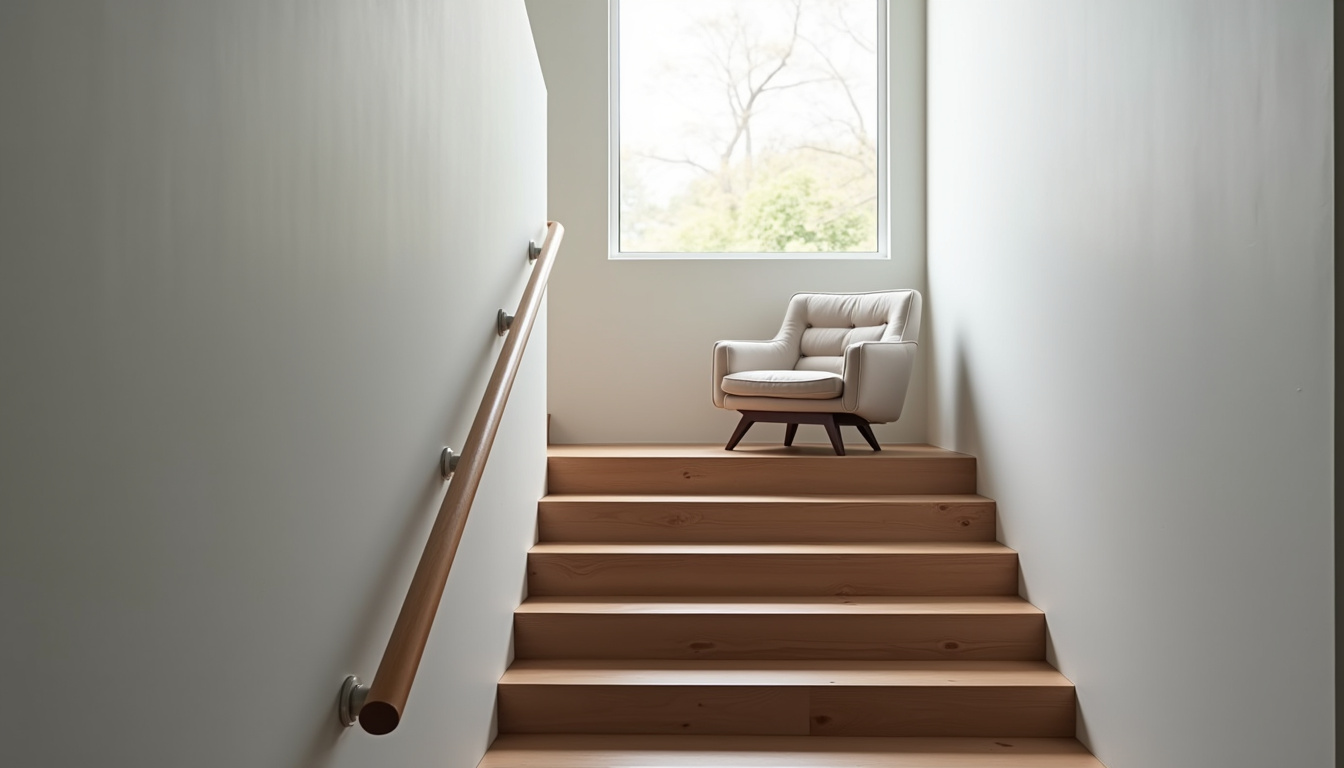 Monte-escalier droit installé dans un escalier intérieur avec un rail rectiligne et un fauteuil confortable