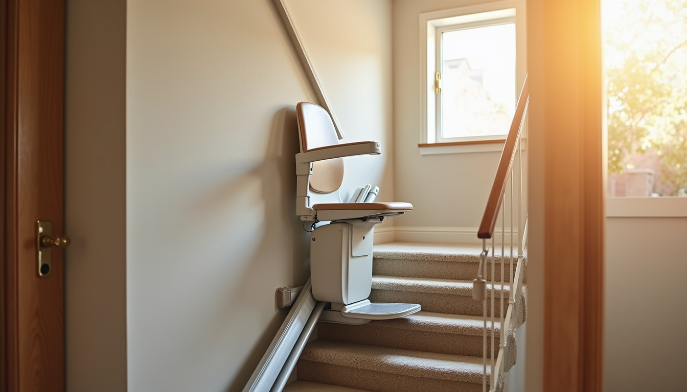 Monte-escalier droit installé dans un escalier intérieur, avec un siège ergonomique et un rail fixé aux marches