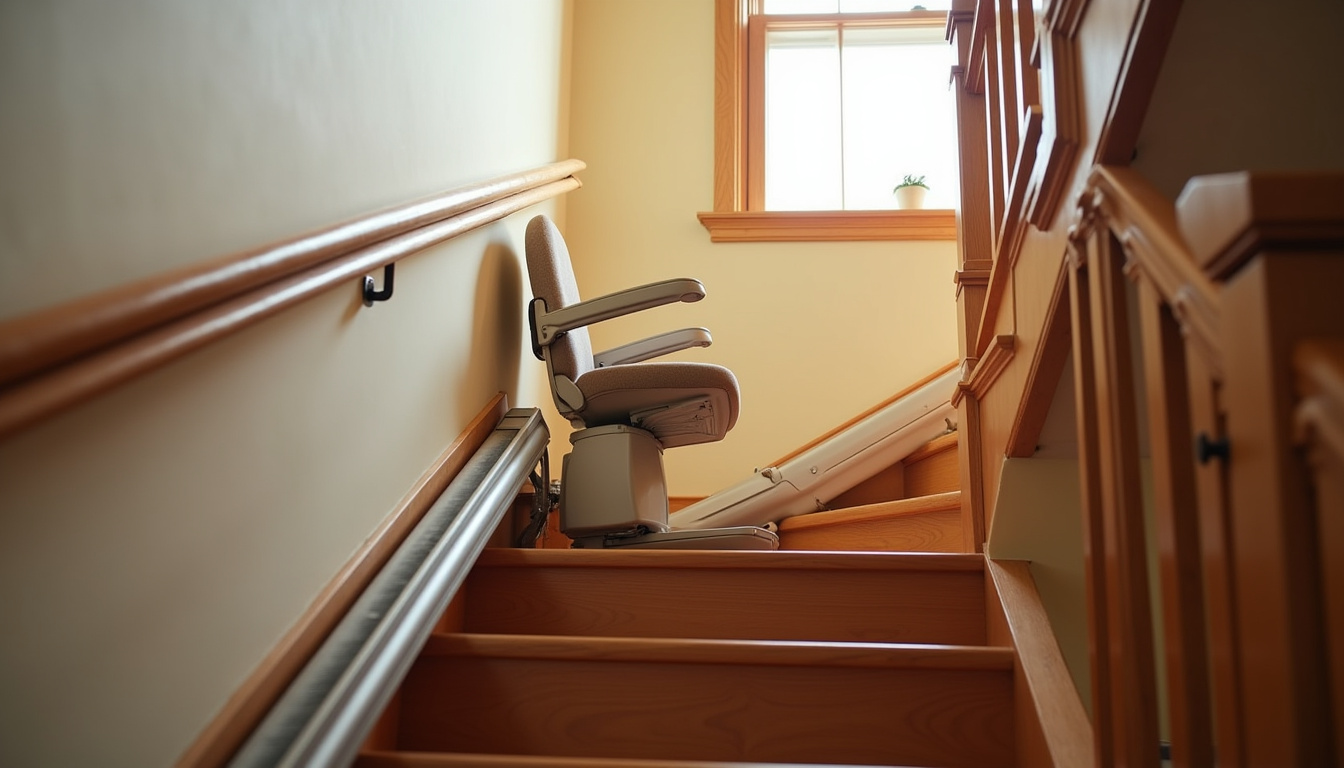 Monte-escalier droit installé dans un escalier intérieur en bois, vue depuis le bas