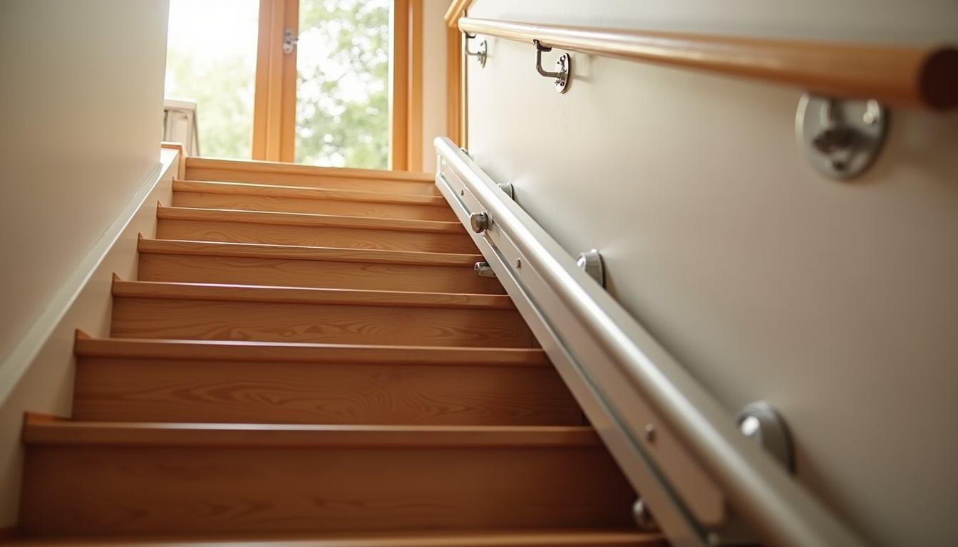 Monte-escalier droit installé dans un escalier intérieur en bois, vue en contre-plongée