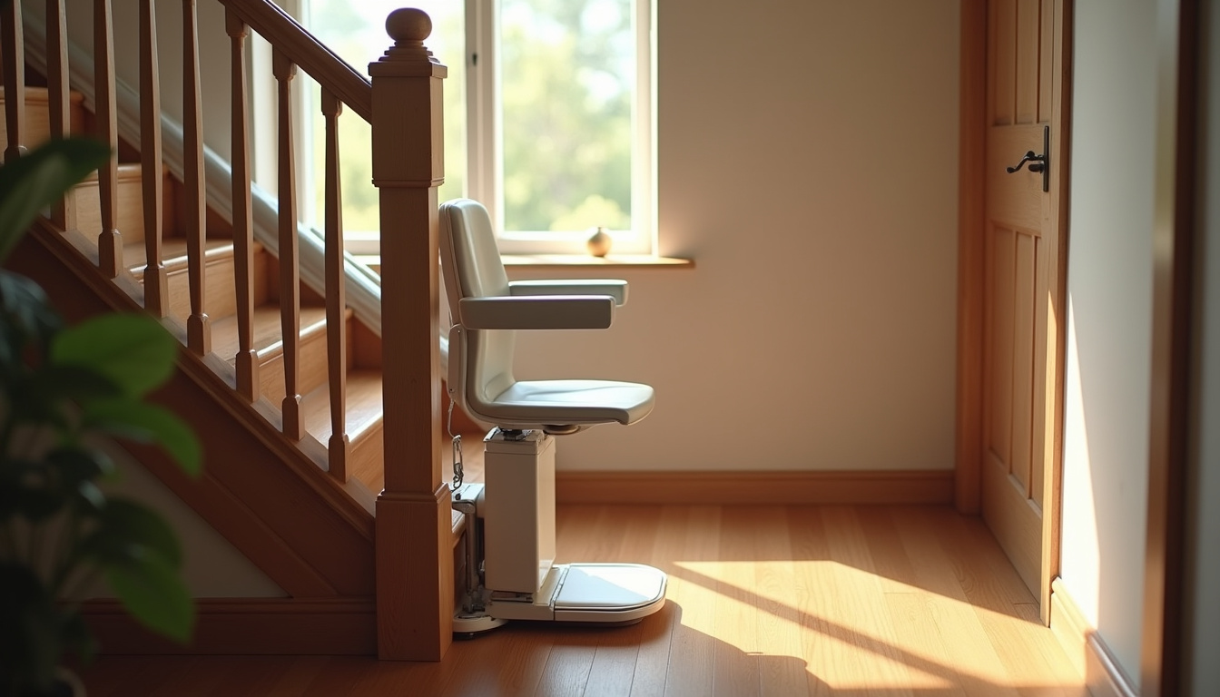 Monte-escalier droit installé dans un escalier intérieur en bois, vue réaliste d