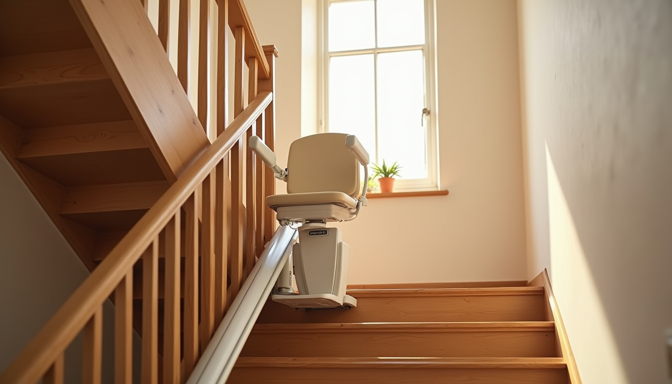 Monte-escalier droit installé dans un escalier intérieur en bois