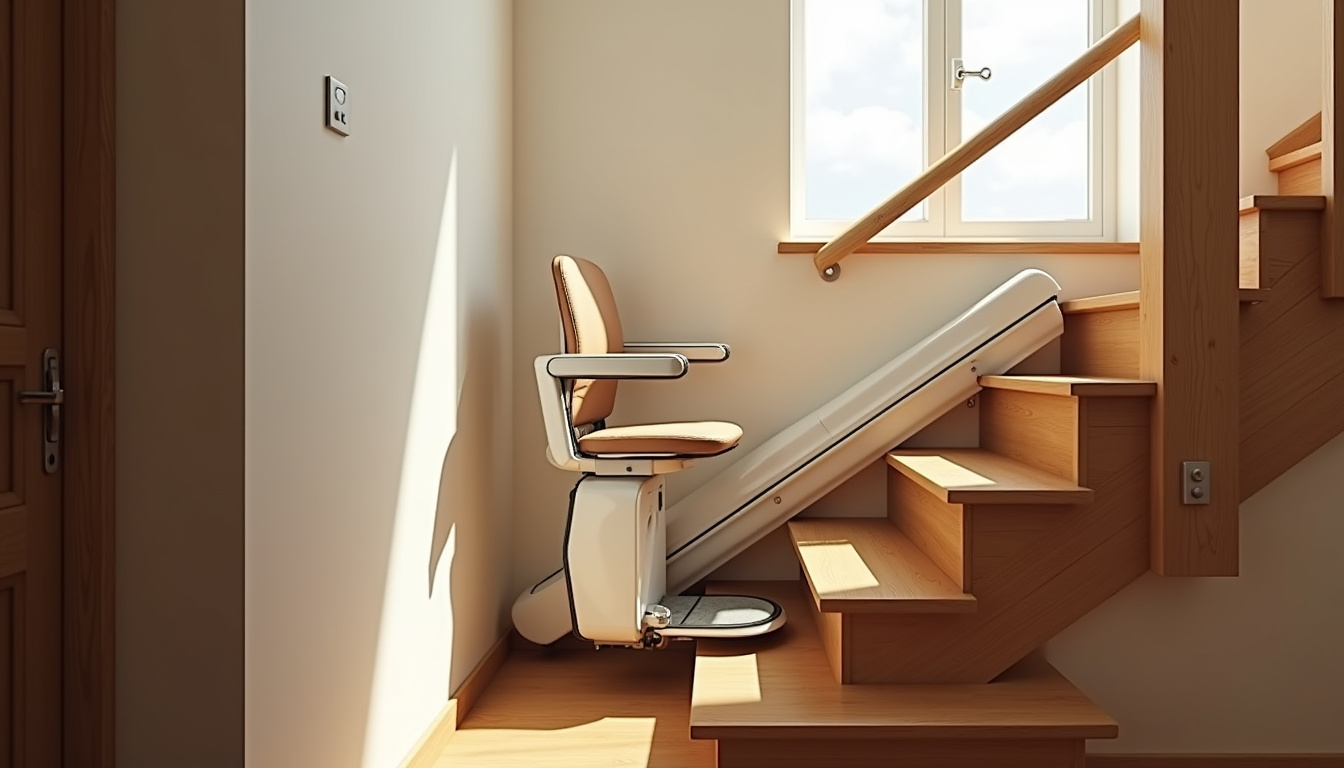 Monte-escalier droit installé dans un escalier intérieur en bois