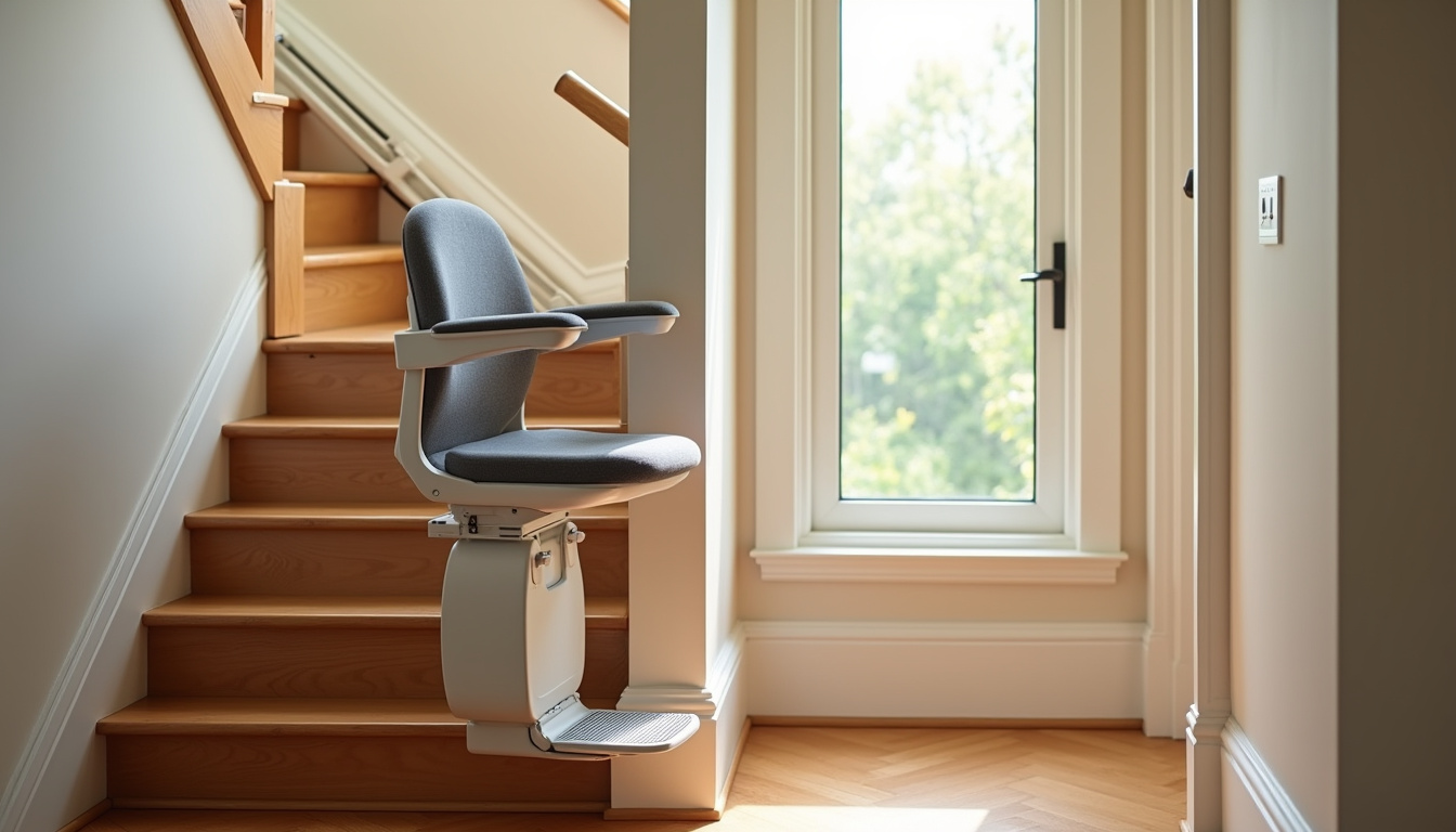 Monte-escalier droit installé dans un escalier intérieur, vue d