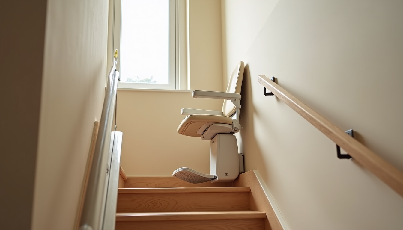Monte-escalier droit installé dans un escalier intérieur, vue depuis le palier