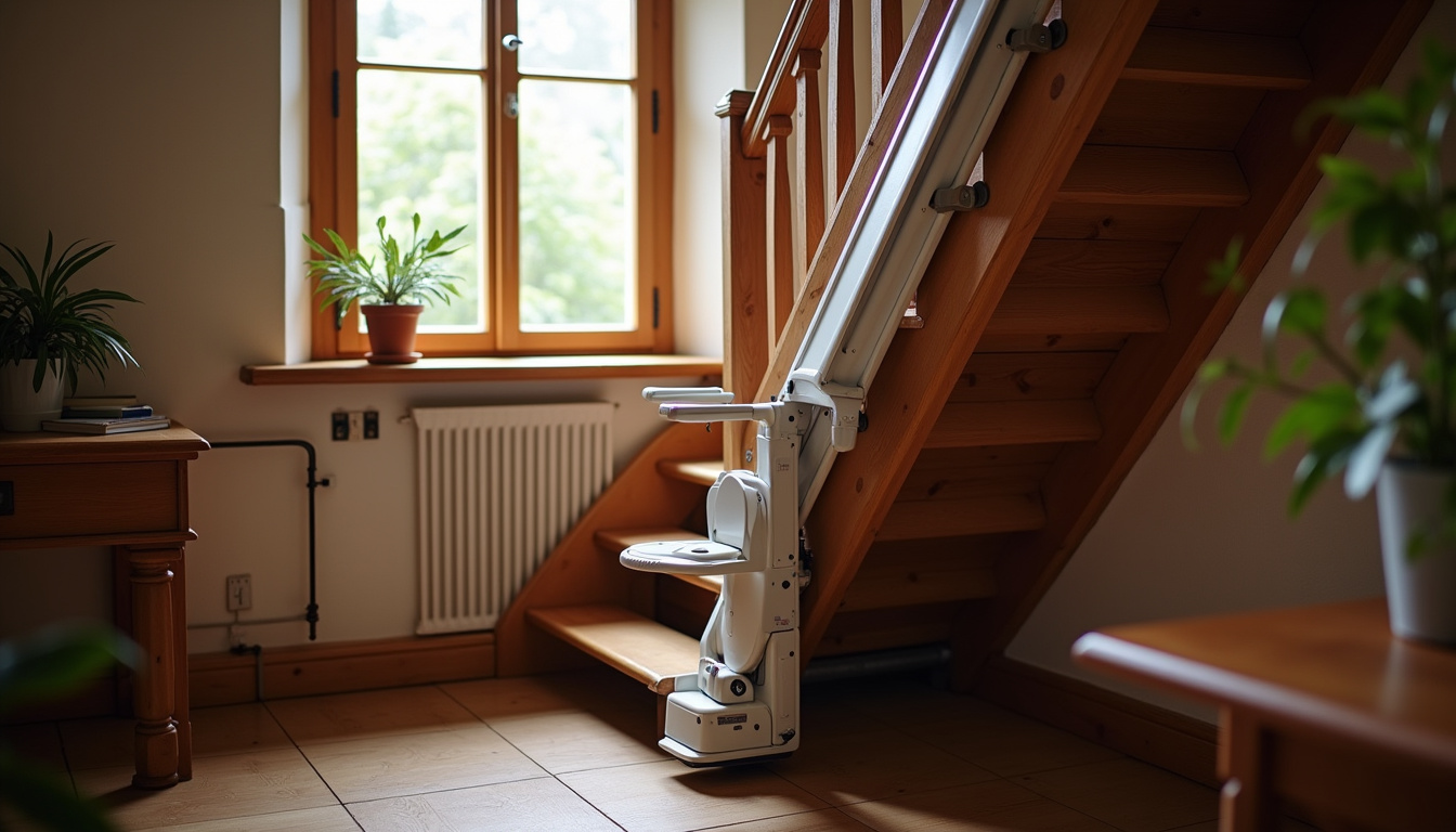 Monte-escalier droit installé dans un intérieur ancien à Montreuil-sur-Mer