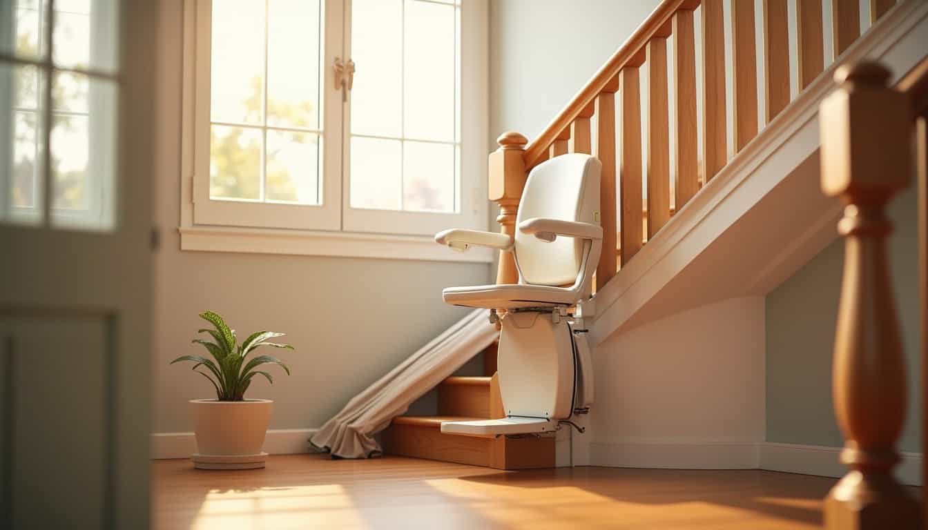 Monte-escalier droit installé dans un intérieur lumineux avec escalier en bois