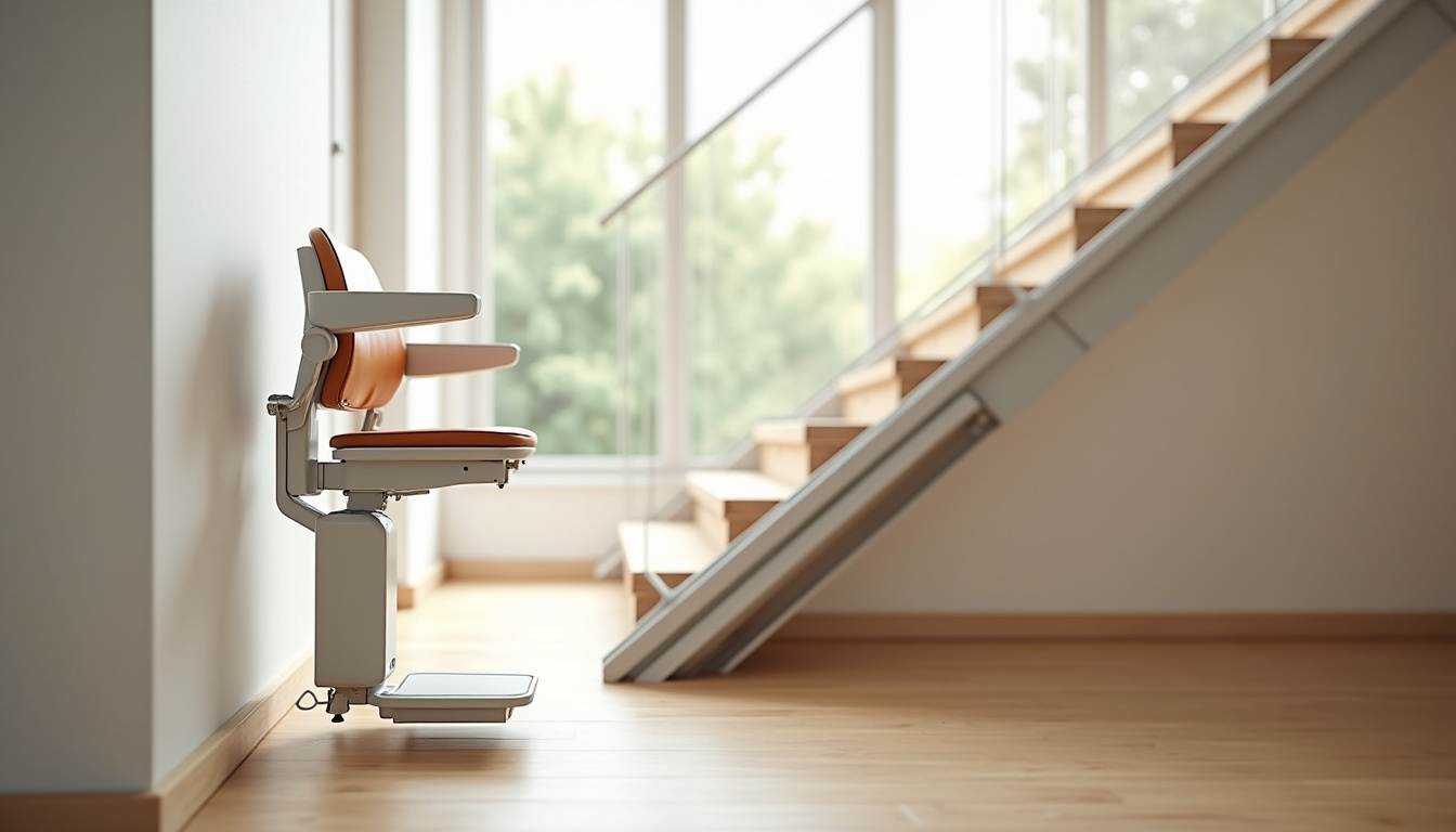 Monte-escalier droit installé dans un intérieur moderne, avec siège ergonomique et rail discret le long d