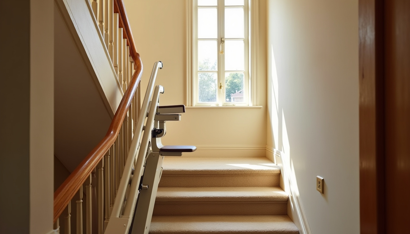 Monte-escalier droit installé dans un intérieur traditionnel avec escalier en pierre