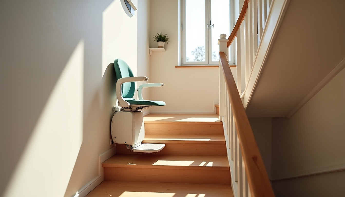 Monte-escalier droit installé dans une maison à Céret, sur un escalier intérieur en bois