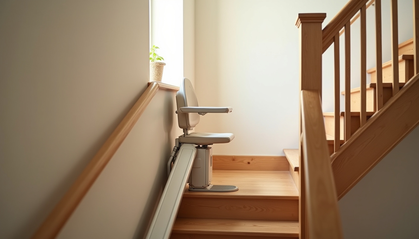 Monte-escalier droit installé dans une maison à Cernex, escalier en bois clair avec rampe