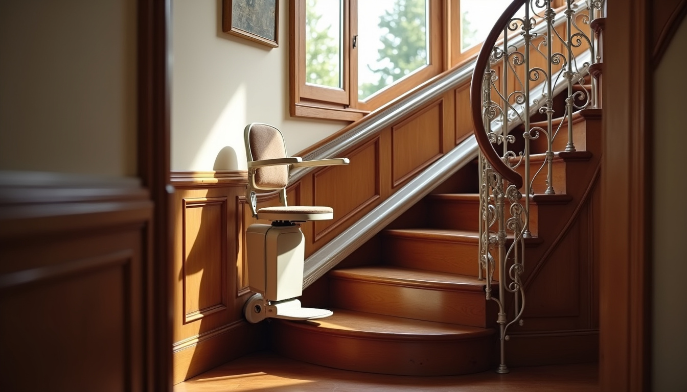 Monte-escalier droit installé dans une maison à Condrieu, sur un escalier en bois avec rampe en fer forgé