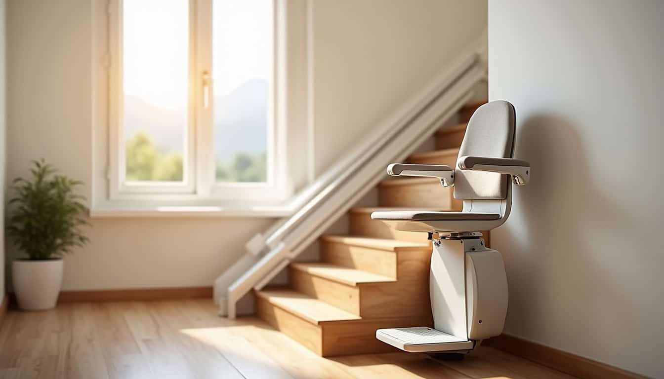 Monte-escalier droit installé dans une maison à Ergué-Gabéric avec escalier rectiligne