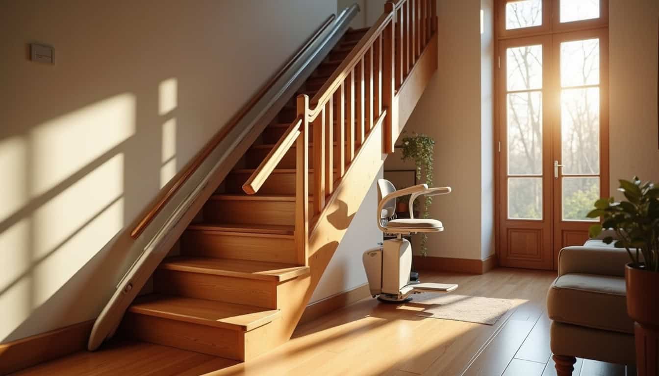 Monte-escalier droit installé dans une maison à Espondeilhan, sur un escalier intérieur en bois