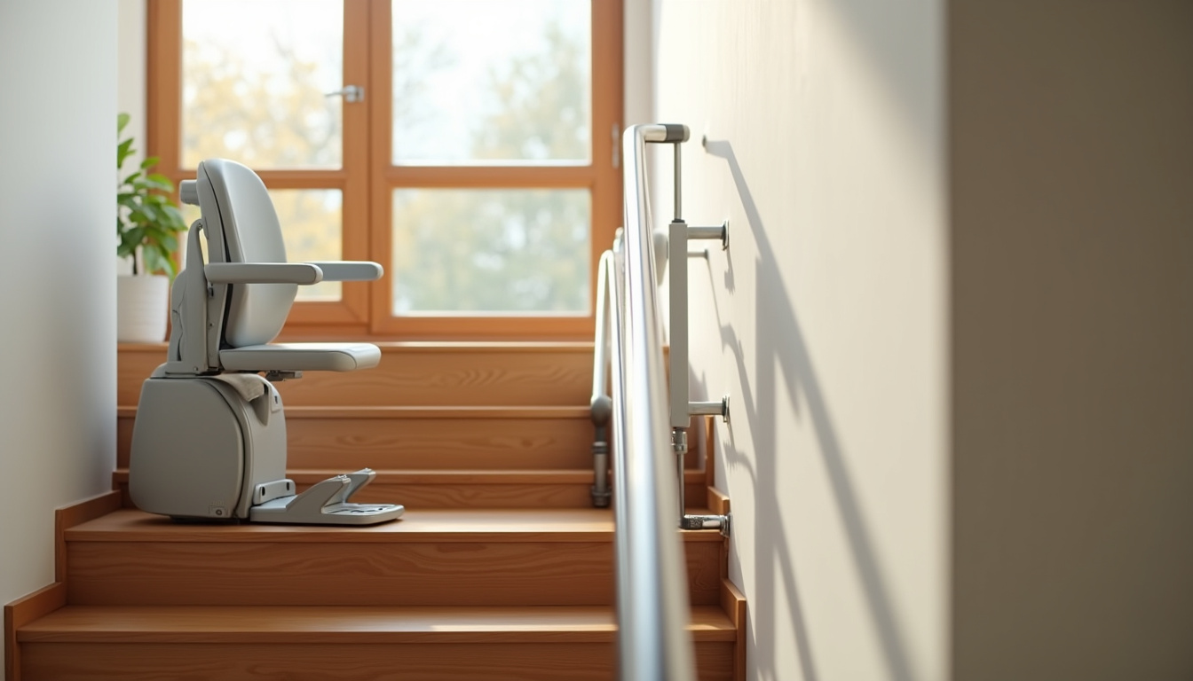 Monte-escalier droit installé dans une maison à Fameck, escalier en bois et fauteuil gris