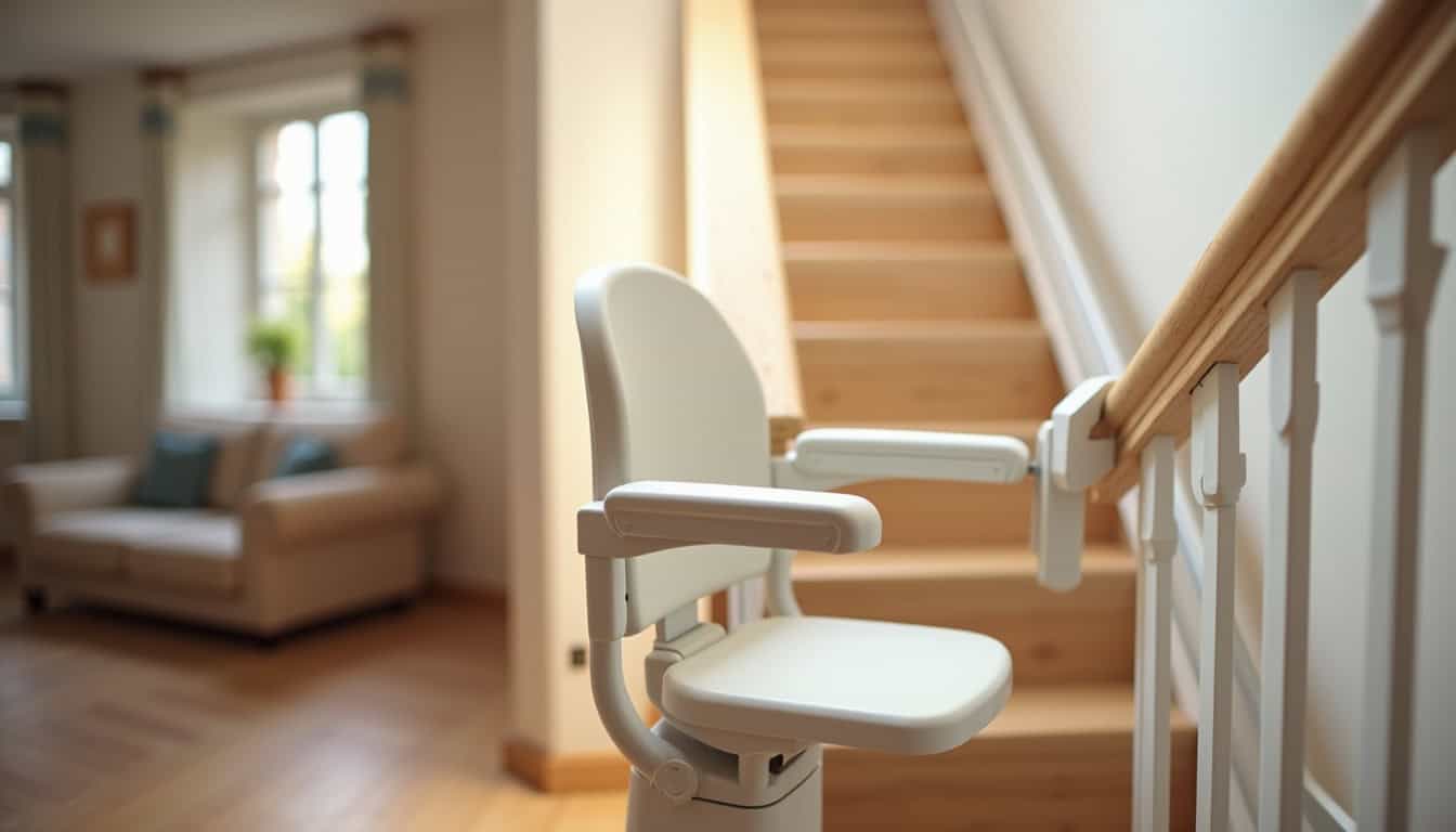 Monte-escalier droit installé dans une maison à Grand-Couronne, vue depuis le palier