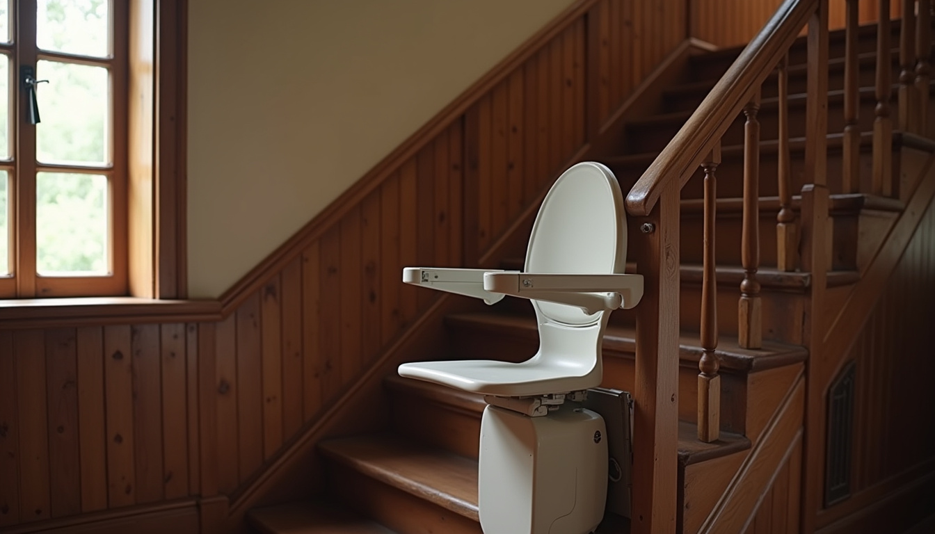 Monte-escalier droit installé dans une maison à Grazac, escalier en bois ancien, rail rectiligne le long de la rampe