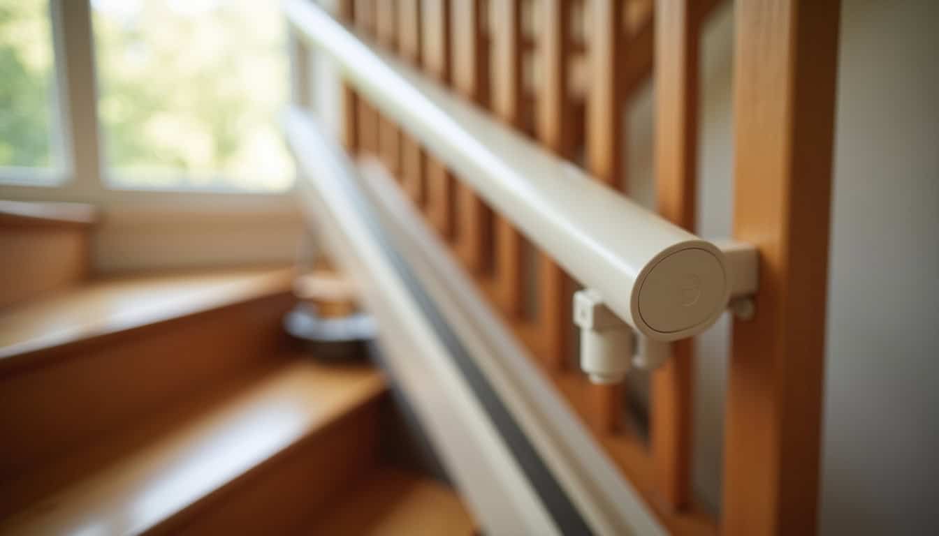 Monte-escalier droit installé dans une maison à La Mure, avec rail sur mesure le long d’un escalier en bois
