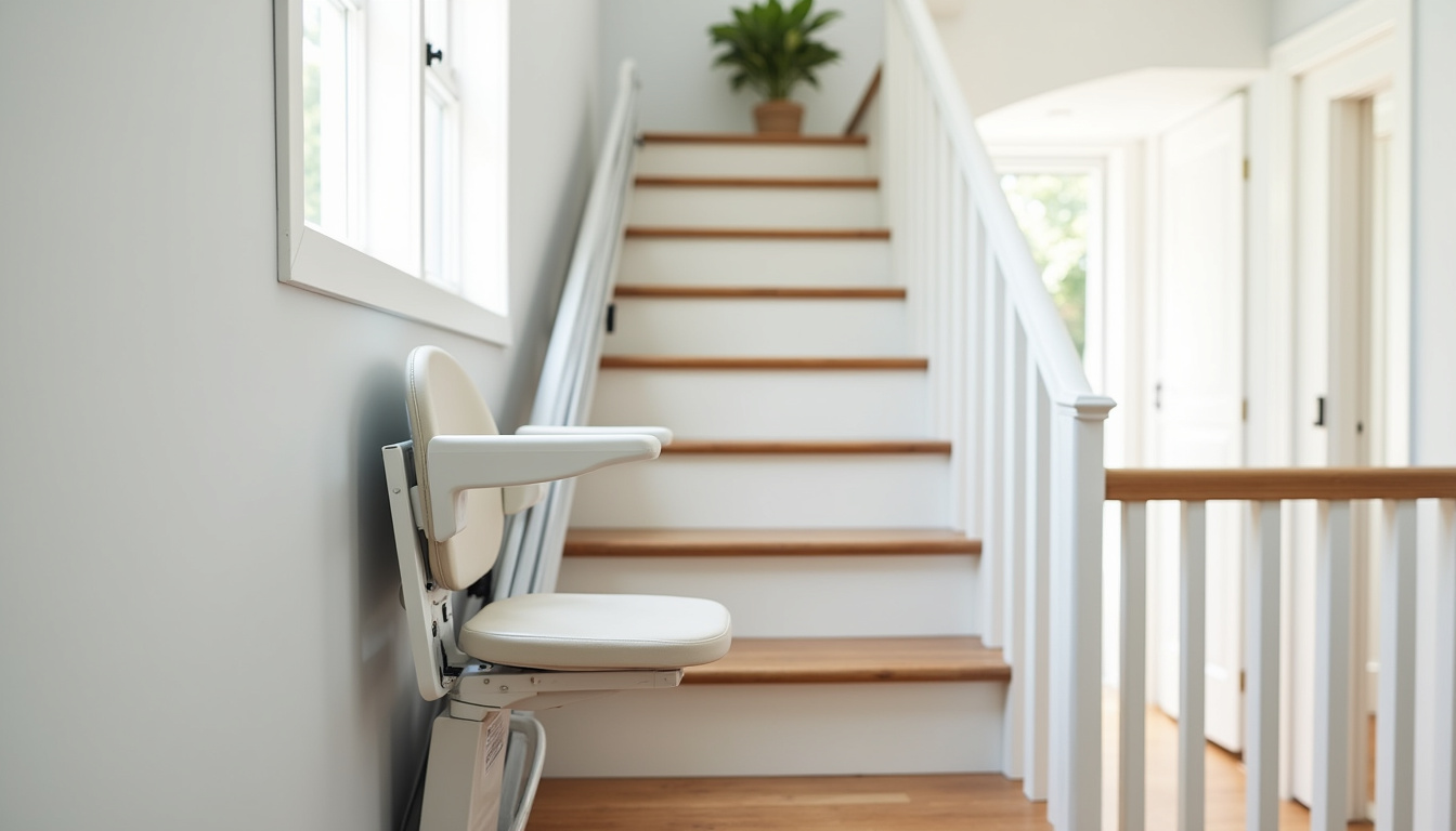 Monte-escalier droit installé dans une maison à Laplume, avec siège repliable et rail discret