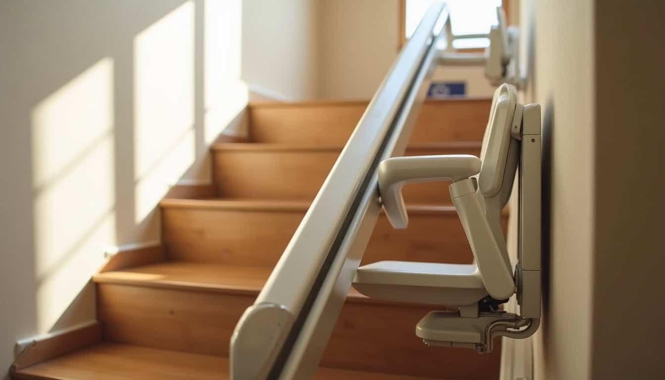 Monte-escalier droit installé dans une maison à Les Loges-Marchis, rail le long de l